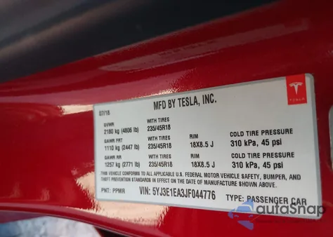 2018 Tesla Model 3 Long Range/Mid Range из США, поврежденный, VIN 5YJ3E1EA3JF044776